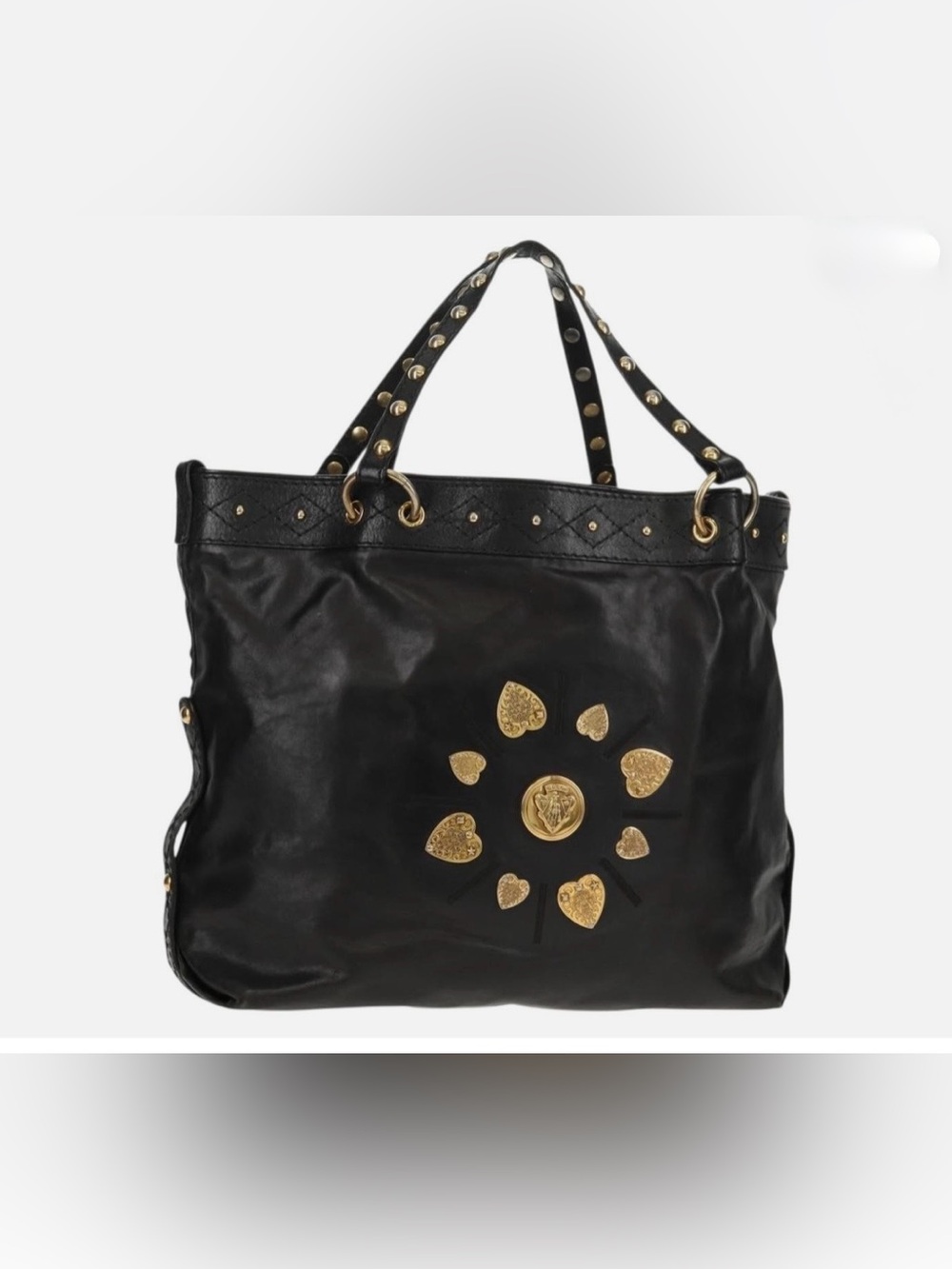 Gucci Irina Babouska Crest Black Leather Gold Studded Tote bag purse